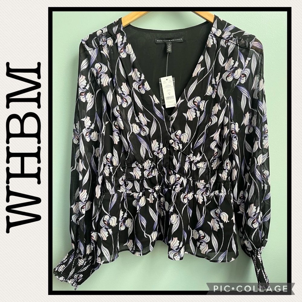 NWT White House Black Market Floral Smocked Waist Blouse Size S